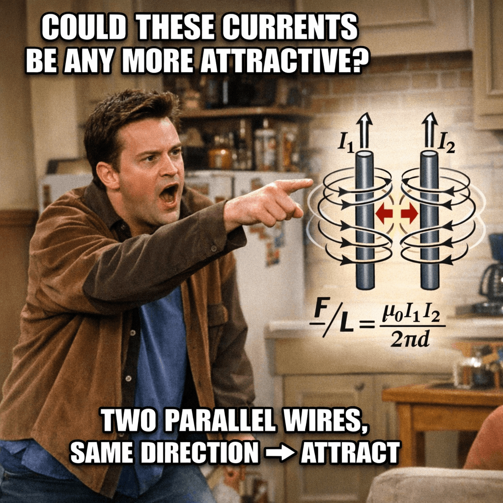 Daily card: two parallel wires carrying current in the same direction attract, with the force-per-length formula