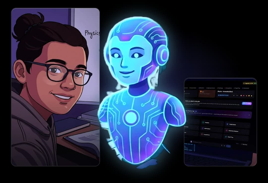 Illustration: a smiling student at their desk in one framed panel, the platform open on a laptop in another, and the glowing cyan-and-violet AI assistant standing between them.